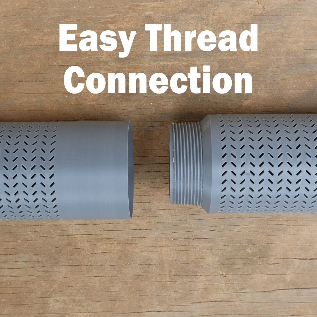 Close-up of the CreekFlow Pro easy-thread connection joining the two perforated intake sections
